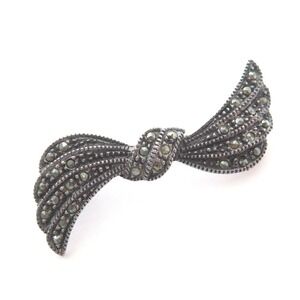 VINTAGE‎ SIGNED HL SS 925 STERLING SILVER MARCASITE STONES BOW BROOCH PIN